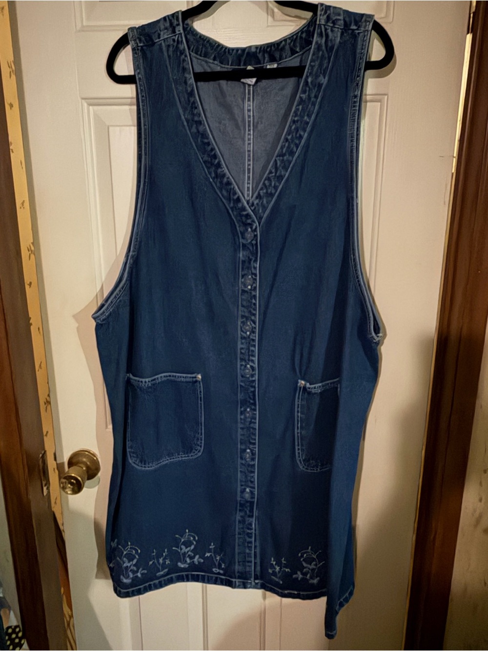 Sleeveless Indigo Denim Midi Dress with Embroidered Hem